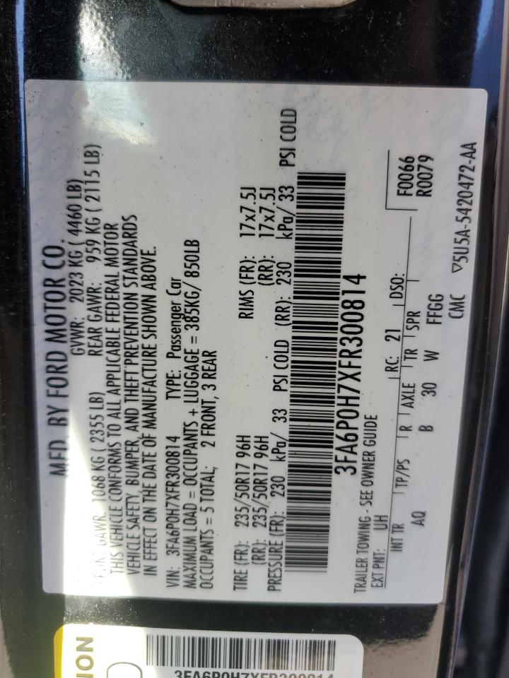 2015 Ford Fusion Se VIN: 3FA6P0H7XFR300814 Lot: 91910565