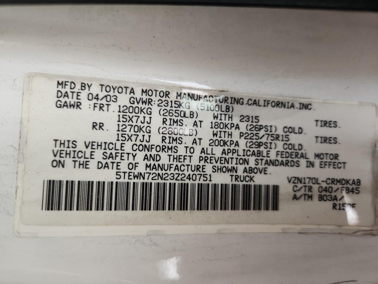 2003 Toyota Tacoma Xtracab VIN: 5TEWN72N23Z240751 Lot: 93634385