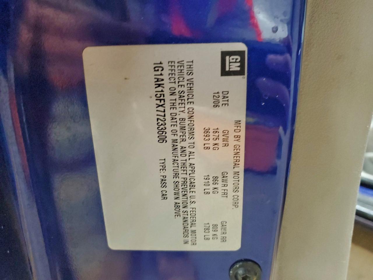 2007 Chevrolet Cobalt Ls VIN: 1G1AK15FX77233606 Lot: 94344575