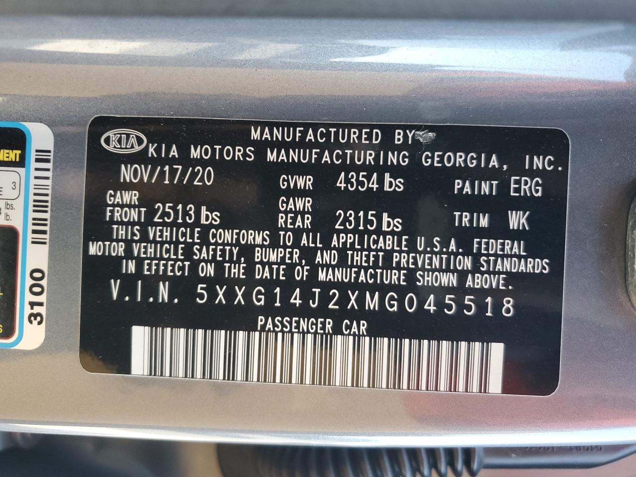 2021 Kia K5 Lxs VIN: 5XXG14J2XMG045518 Lot: 91124065