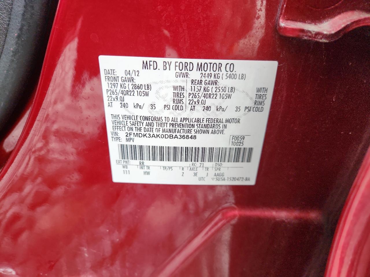 2013 Ford Edge Sport VIN: 2FMDK3AK0DBA36848 Lot: 92020545