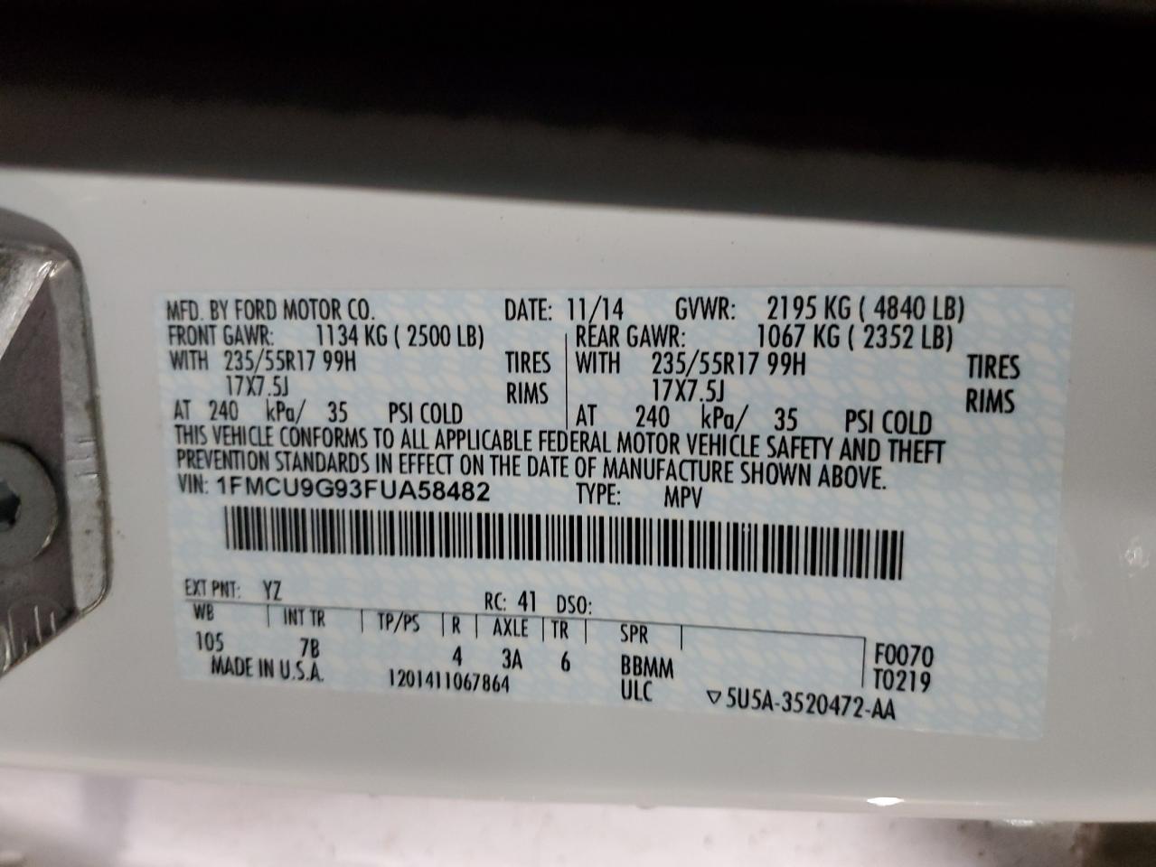 2015 Ford Escape Se VIN: 1FMCU9G93FUA58482 Lot: 92343755