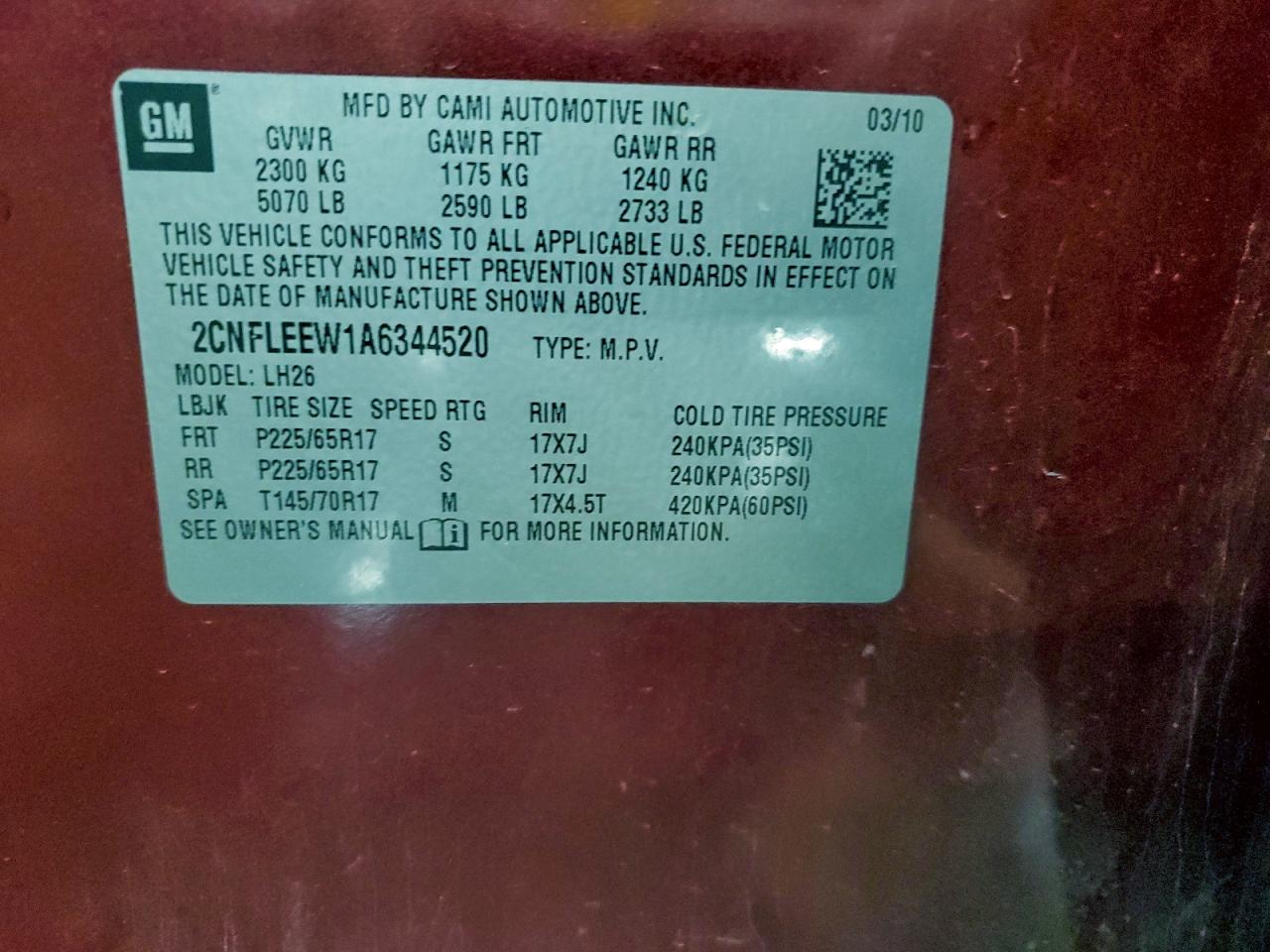 2010 Chevrolet Equinox Lt VIN: 2CNFLEEW1A6344520 Lot: 93867775