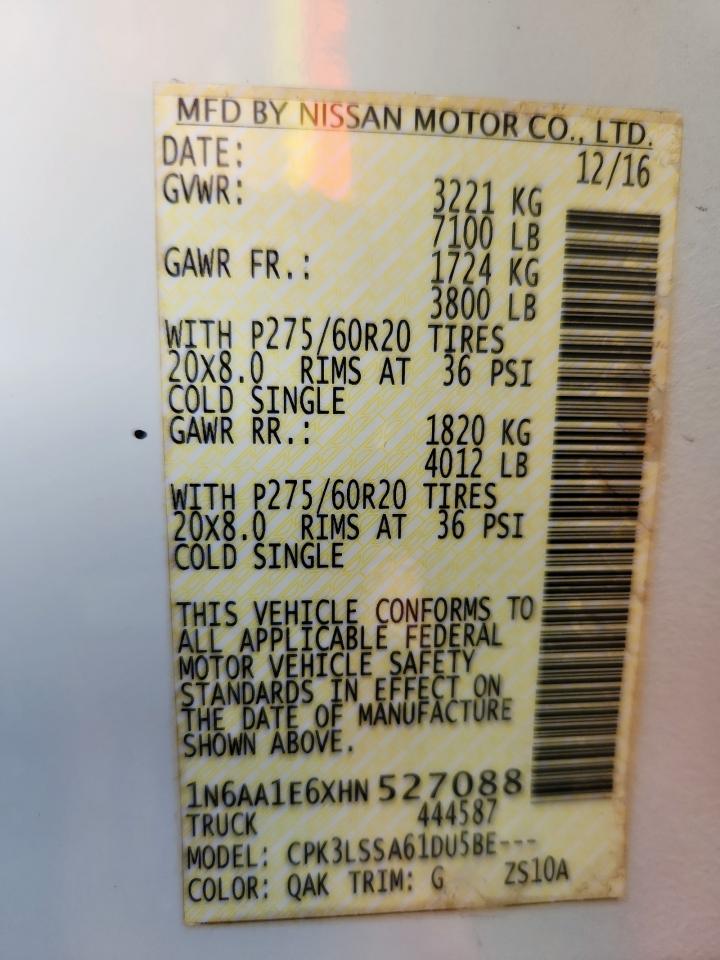 2017 Nissan Titan Sv VIN: 1N6AA1E6XHN527088 Lot: 92071635