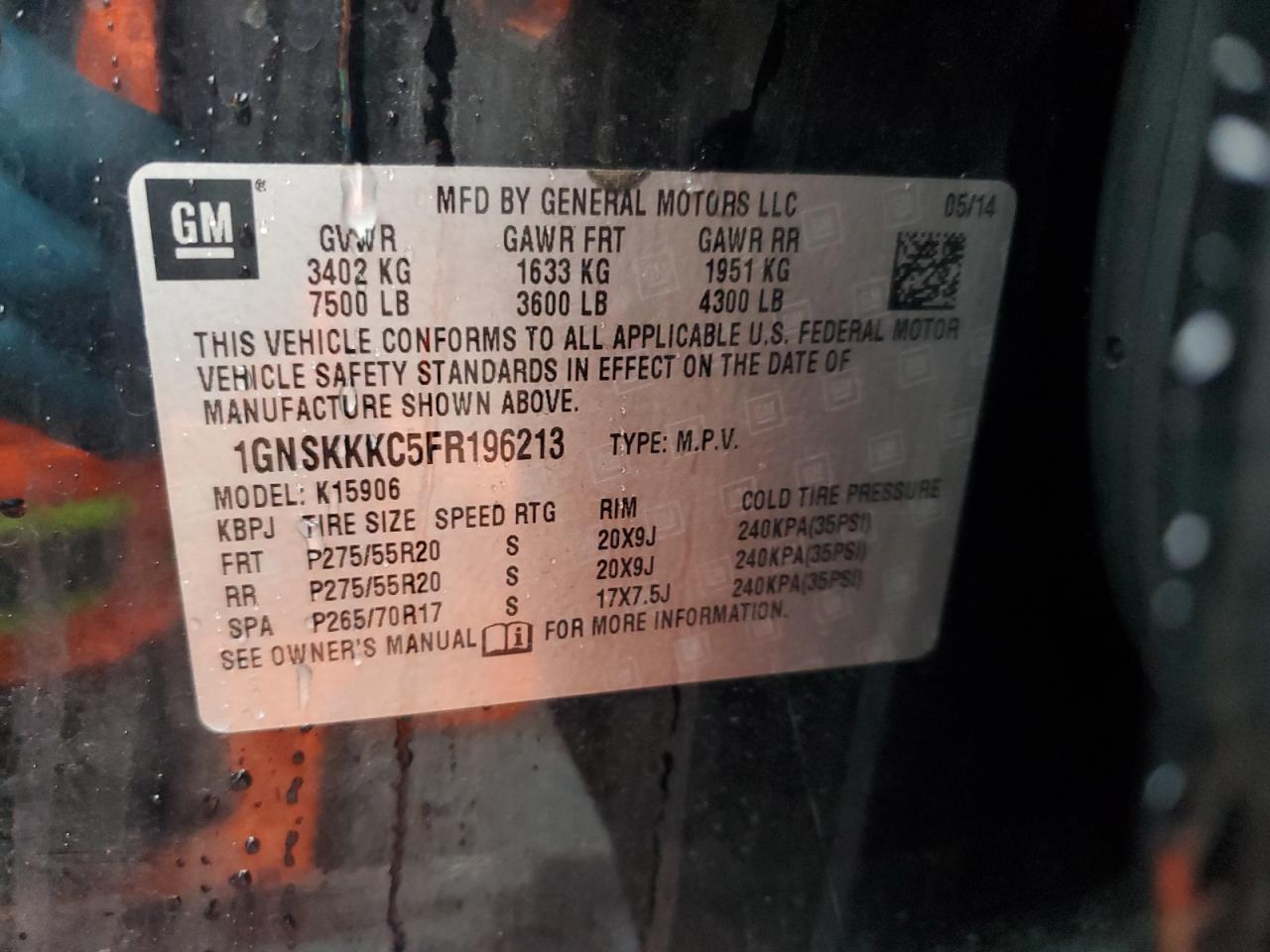 2015 Chevrolet Suburban K1500 Ltz VIN: 1GNSKKKC5FR196213 Lot: 92873535