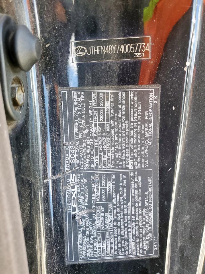 2004 Lexus Sc 430 VIN: JTHFN48Y740057734 Lot: 92745375