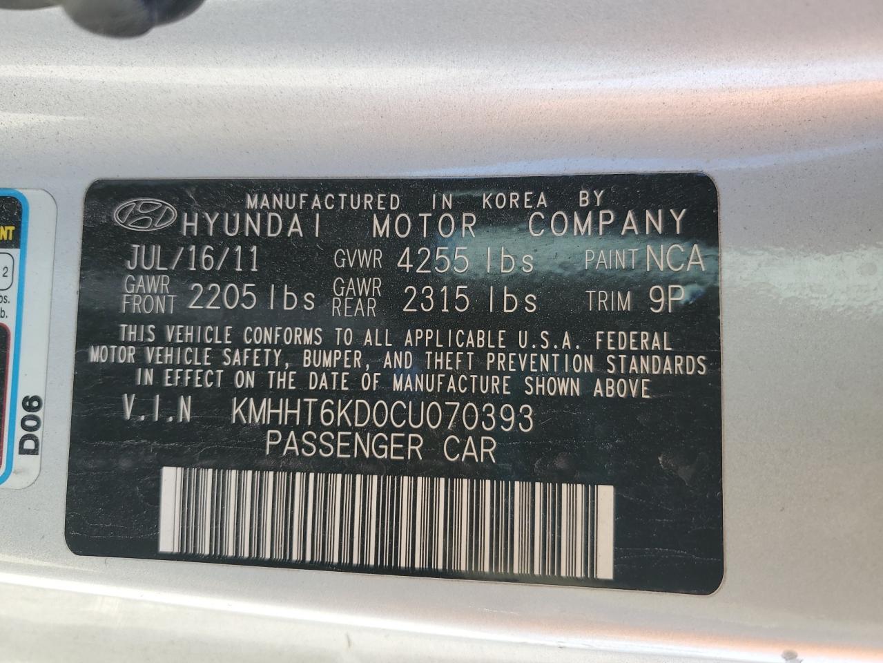 2012 Hyundai Genesis Coupe 2.0T VIN: KMHHT6KD0CU070393 Lot: 89912235