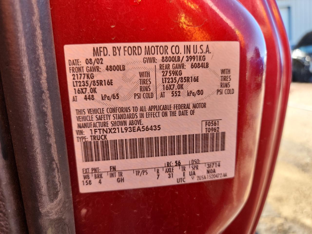 2003 Ford F250 Super Duty VIN: 1FTNX21L93EA56435 Lot: 90433845