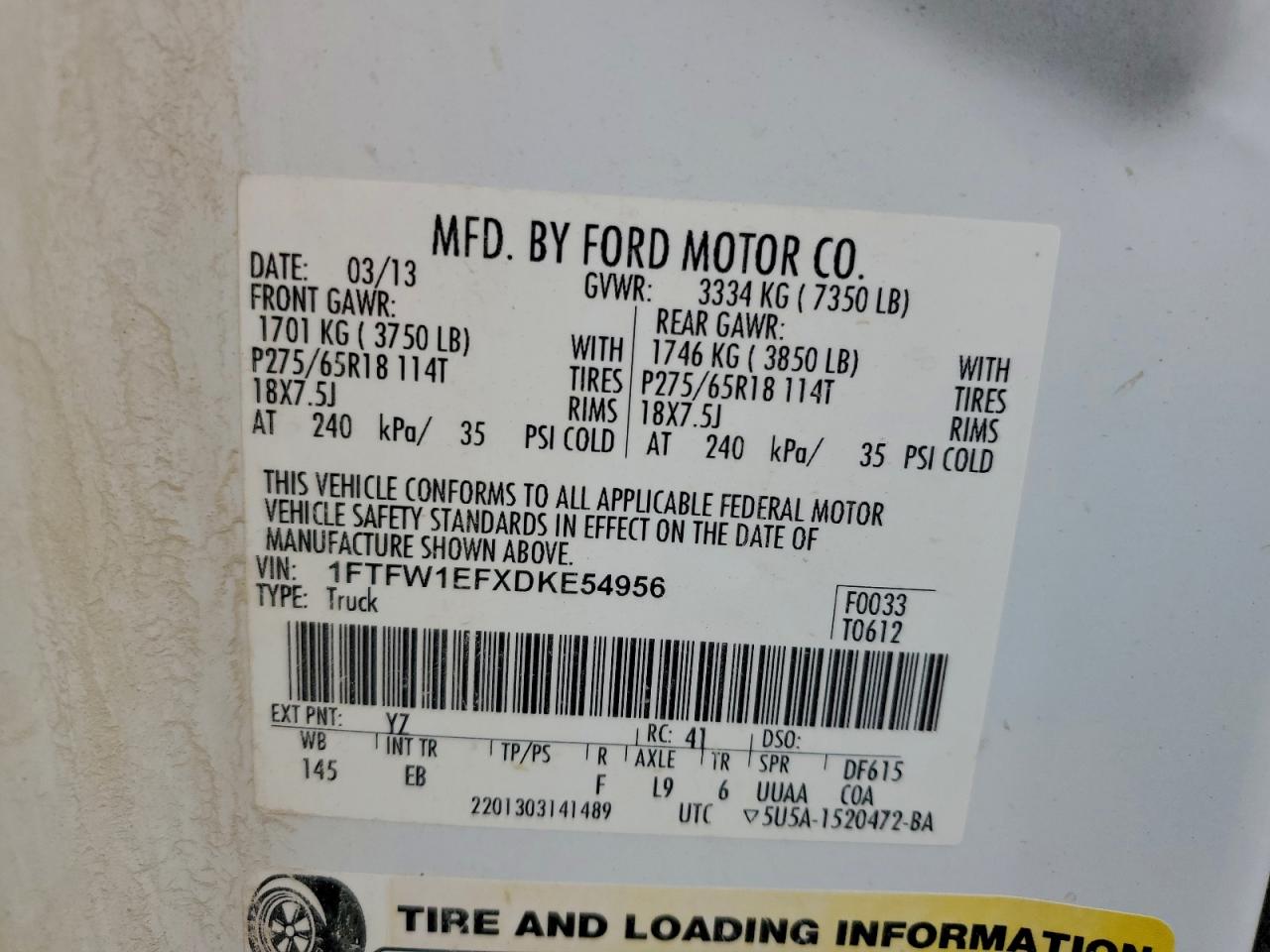 2013 Ford F150 Supercrew VIN: 1FTFW1EFXDKE54956 Lot: 93249135