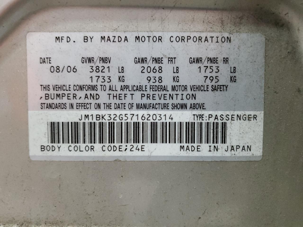 2007 Mazda 3 I VIN: JM1BK32G571620314 Lot: 92666785