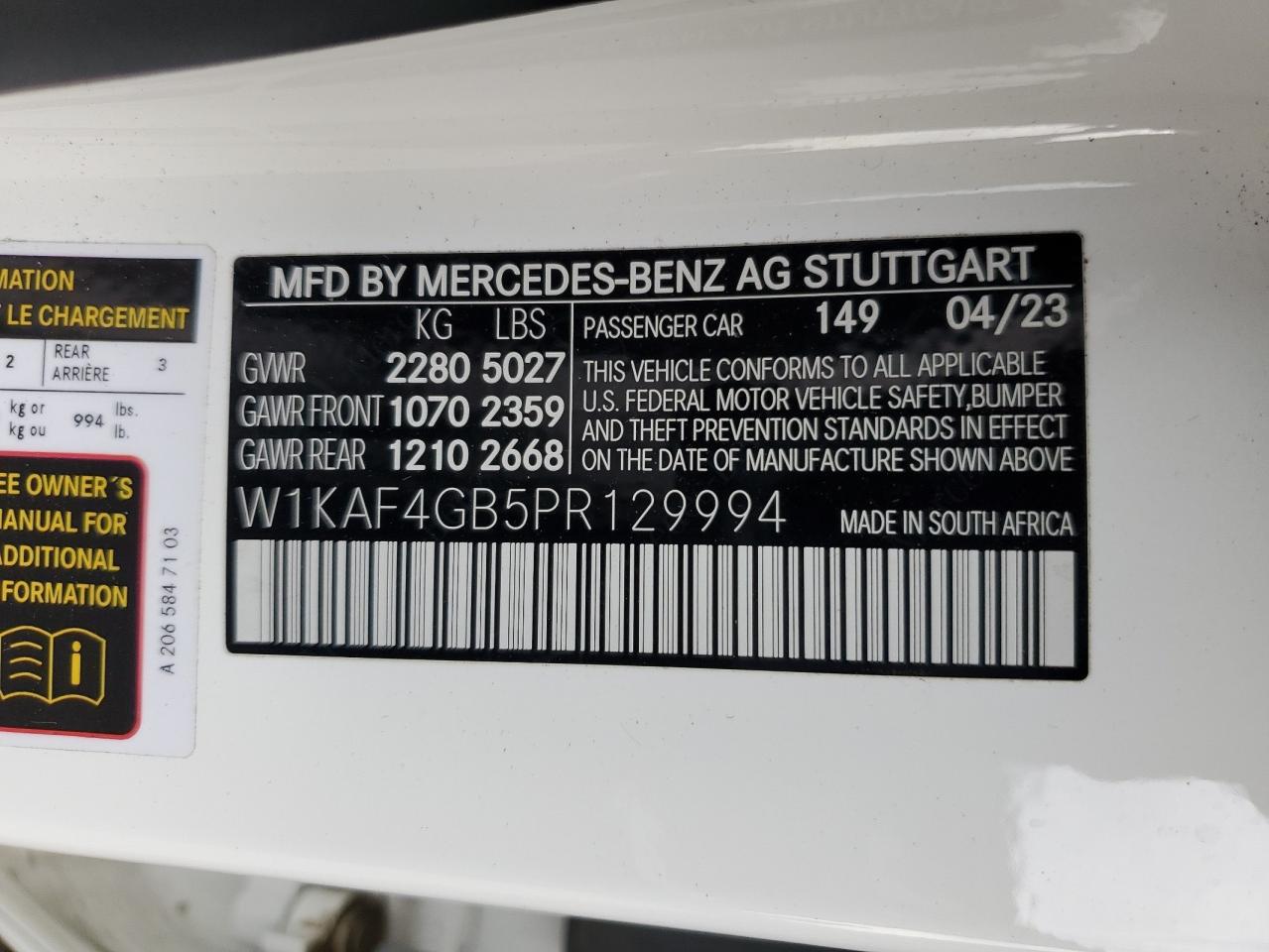 2023 Mercedes-Benz C 300 VIN: W1KAF4GB5PR129994 Lot: 92709475