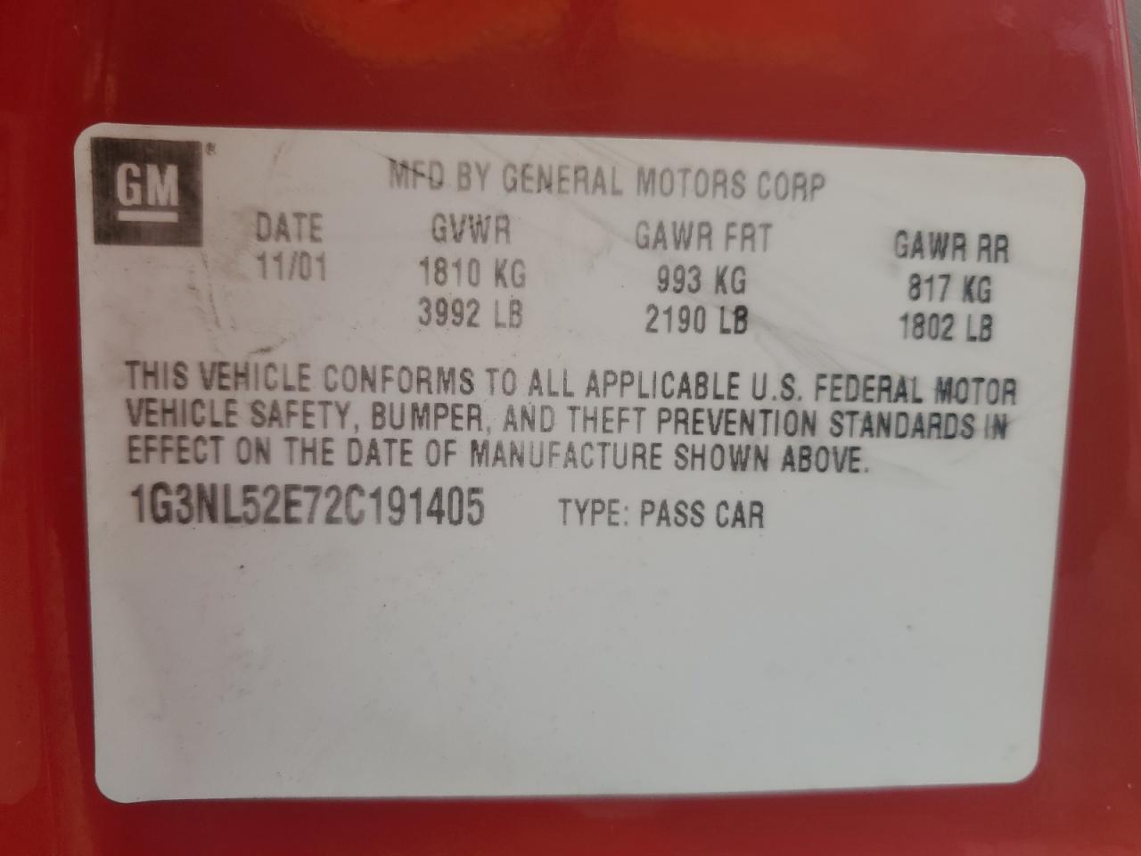 2002 Oldsmobile Alero Gl VIN: 1G3NL52E72C191405 Lot: 93704615