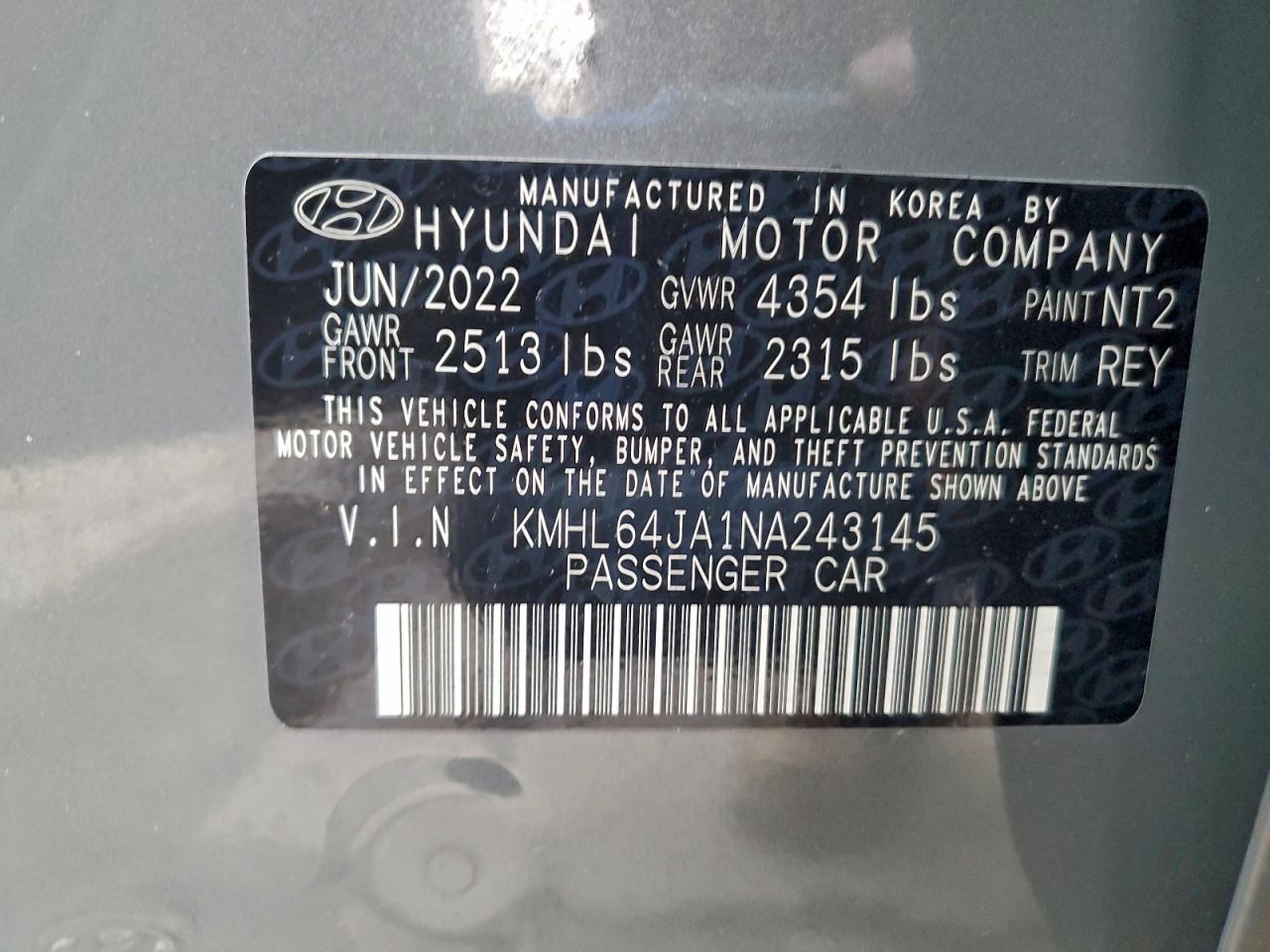 2022 Hyundai Sonata Sel VIN: KMHL64JA1NA243145 Lot: 94596125