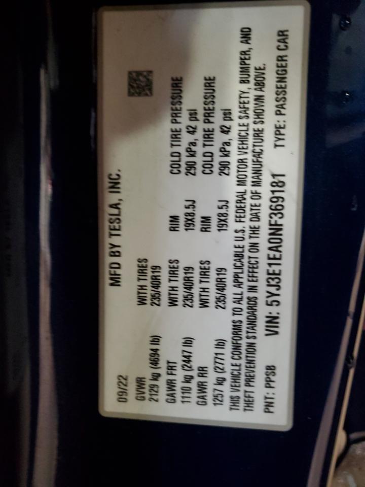 2022 Tesla Model 3 VIN: 5YJ3E1EA0NF369181 Lot: 92341845