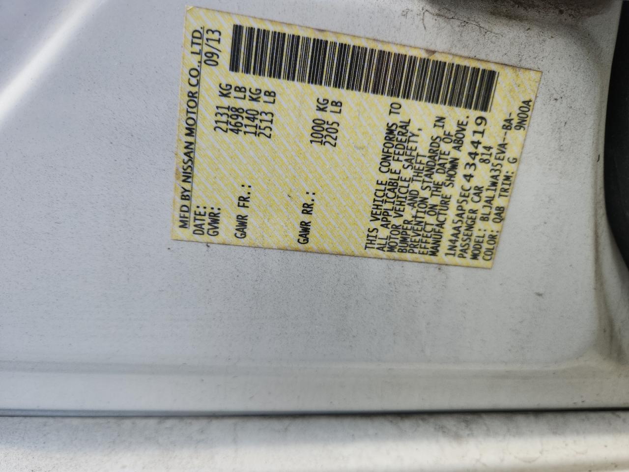 2014 Nissan Maxima S VIN: 1N4AA5AP5EC434419 Lot: 91162515