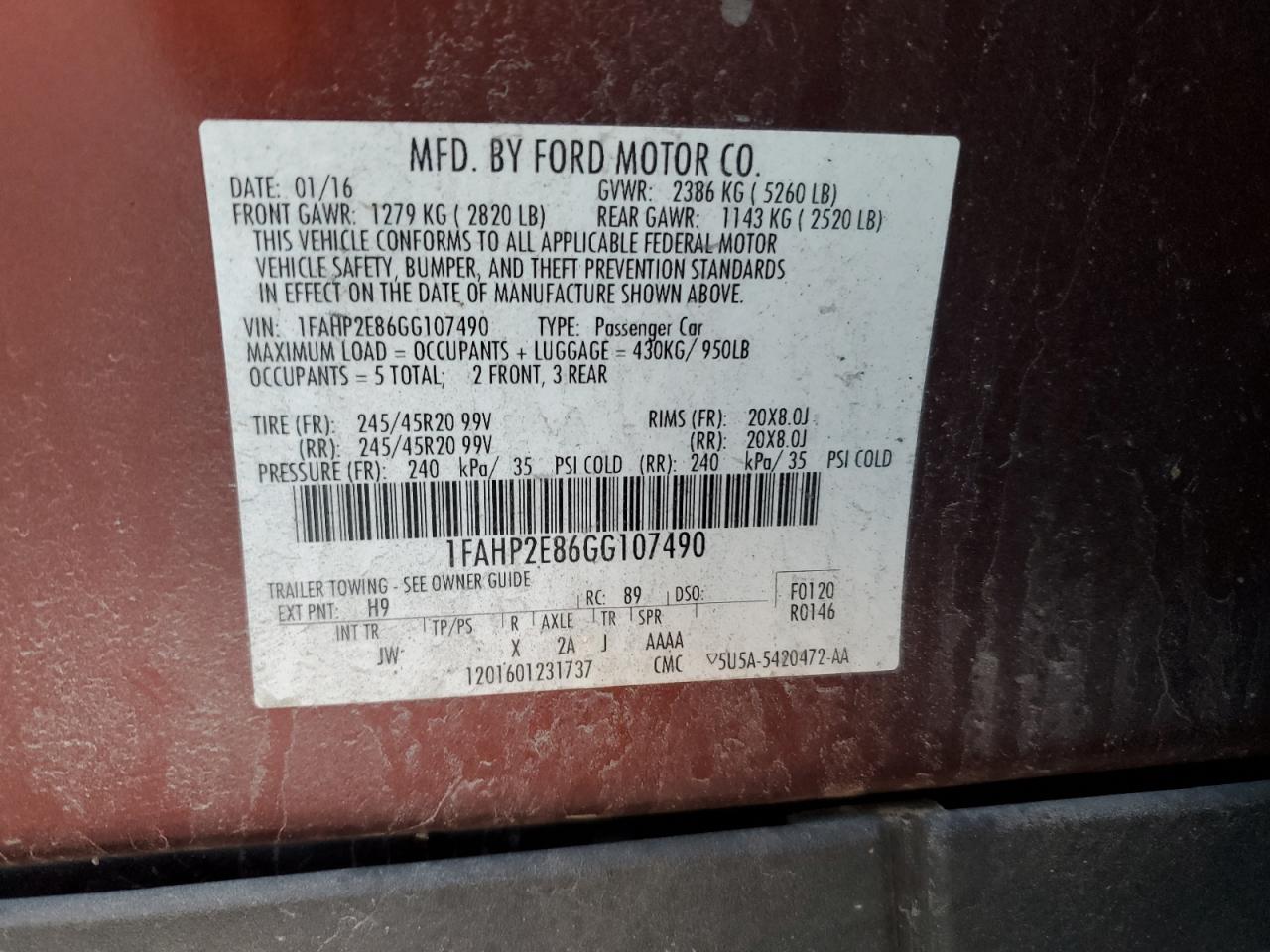 2016 Ford Taurus Sel VIN: 1FAHP2E86GG107490 Lot: 91205395