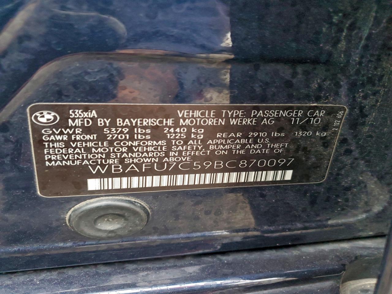 2011 BMW 535 Xi VIN: WBAFU7C59BC870097 Lot: 93394645