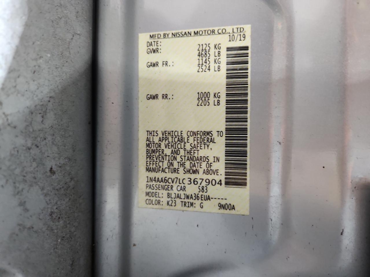 2020 Nissan Maxima Sv VIN: 1N4AA6CV7LC367904 Lot: 92673385