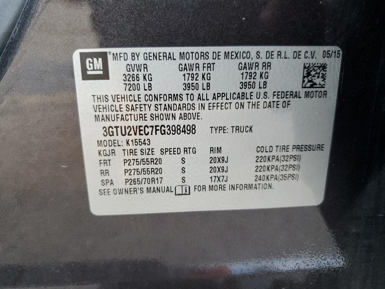 2015 GMC Sierra K1500 Slt VIN: 3GTU2VEC7FG398498 Lot: 91842205