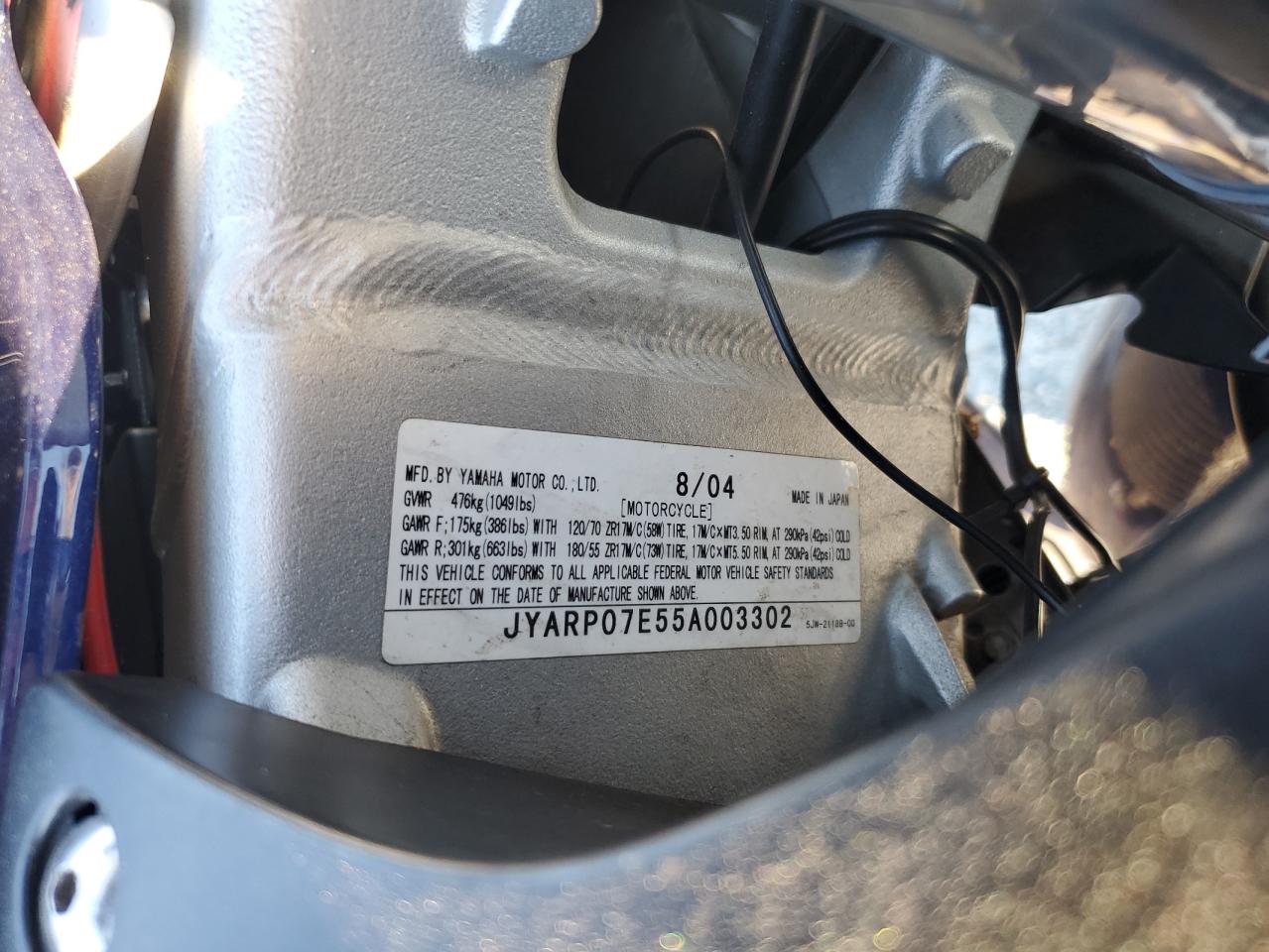 2005 Yamaha Fjr1300 VIN: JYARP07E55A003302 Lot: 90969005