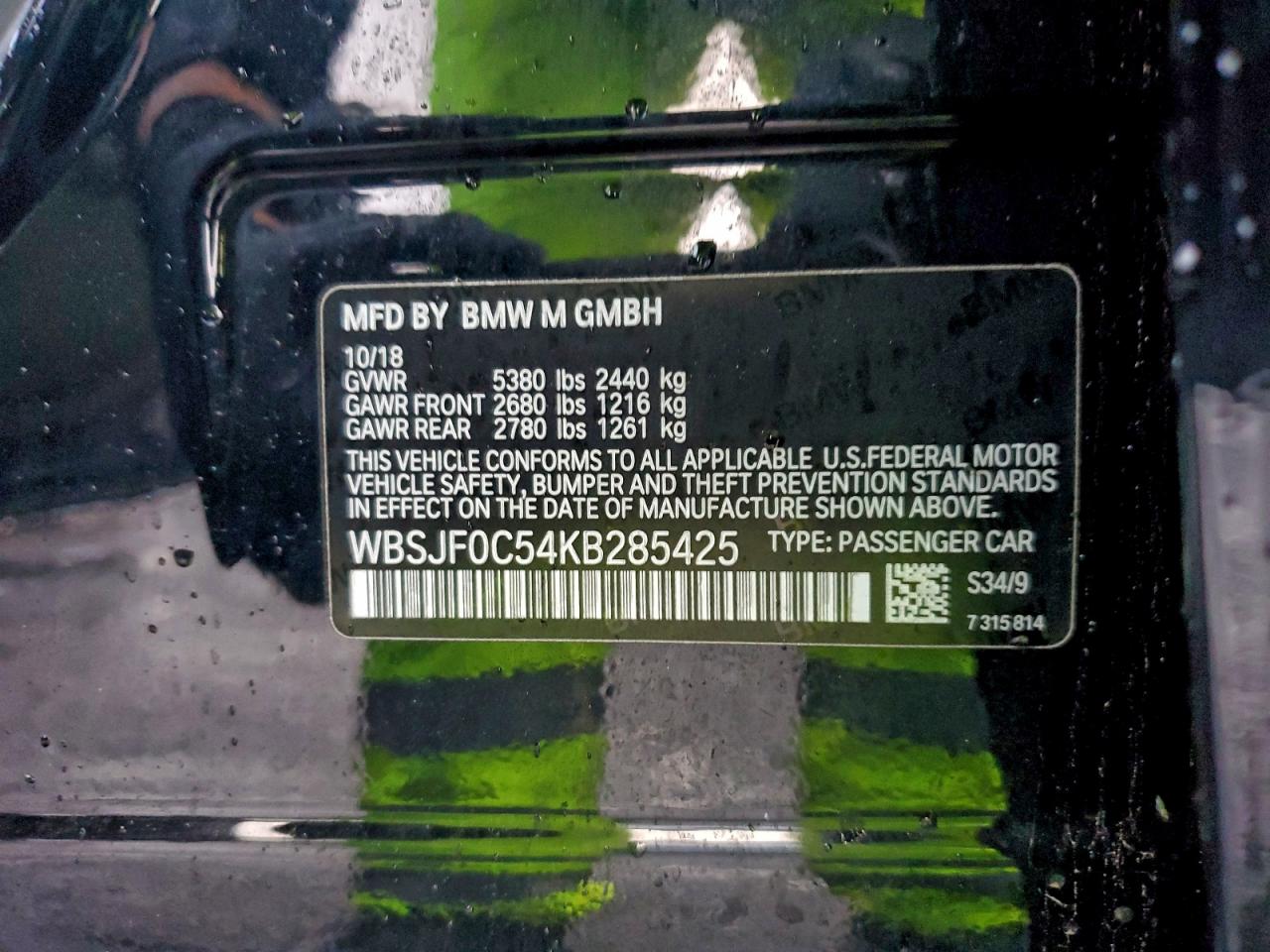 2019 BMW M5 VIN: WBSJF0C54KB285425 Lot: 93243325