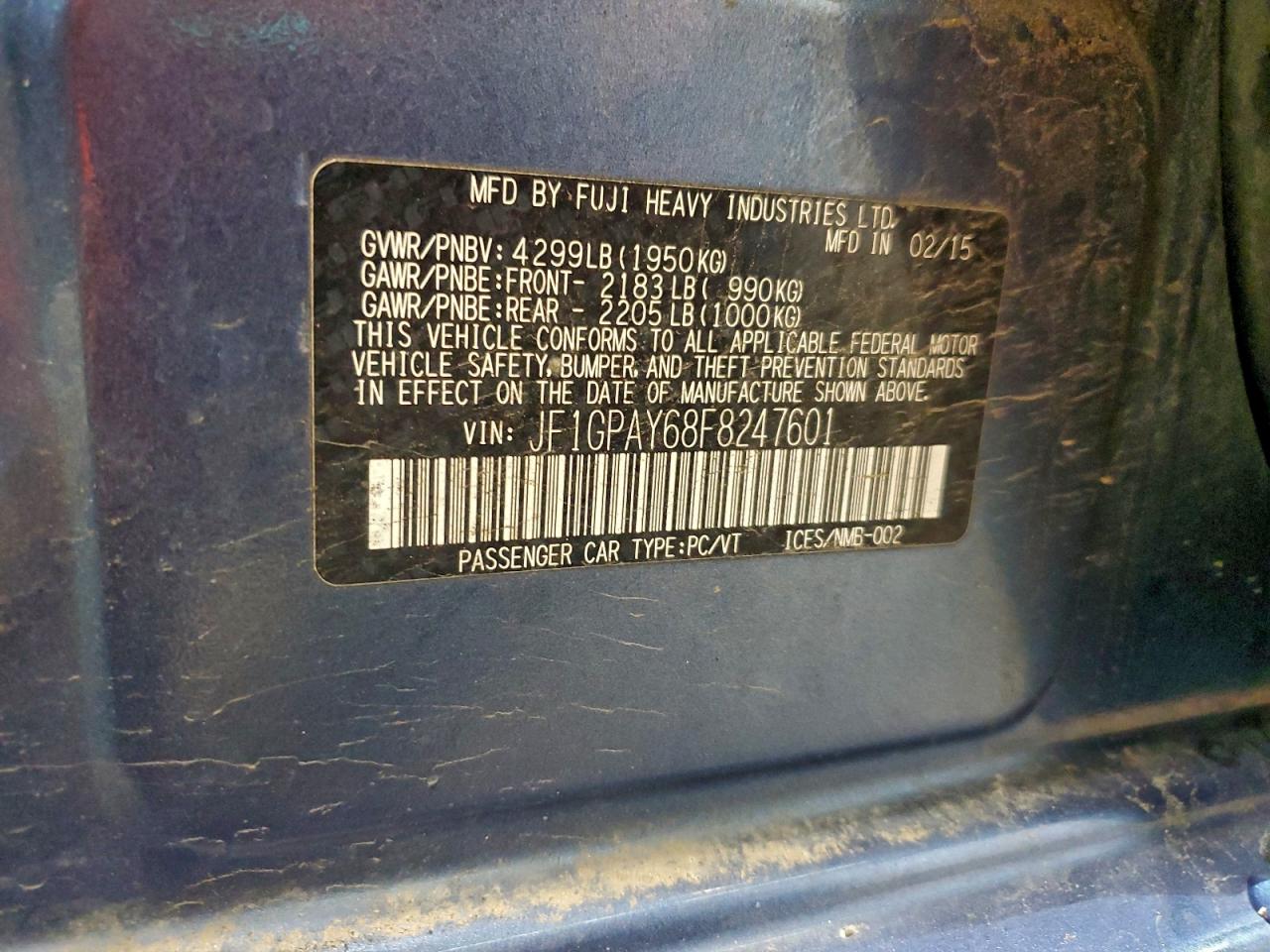 2015 Subaru Impreza Sport VIN: JF1GPAY68F8247601 Lot: 94369965