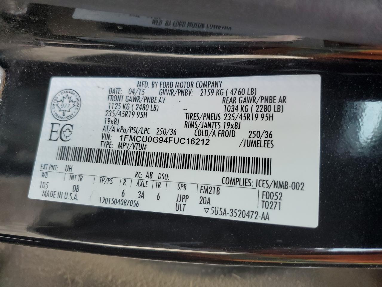 2015 Ford Escape Se VIN: 1FMCU0G94FUC16212 Lot: 91525535