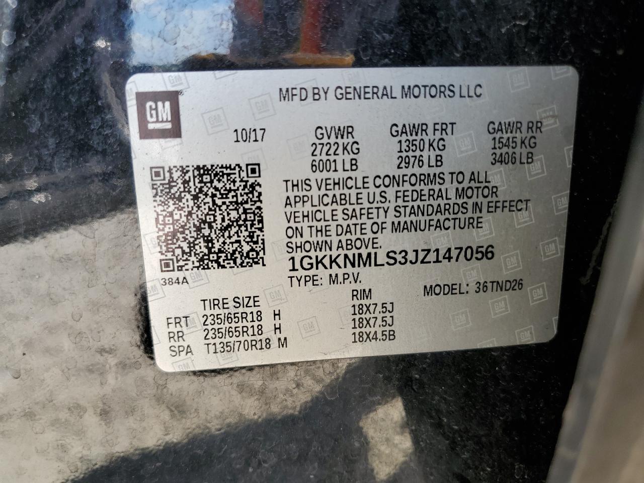 2018 GMC Acadia Slt-1 VIN: 1GKKNMLS3JZ147056 Lot: 91147065