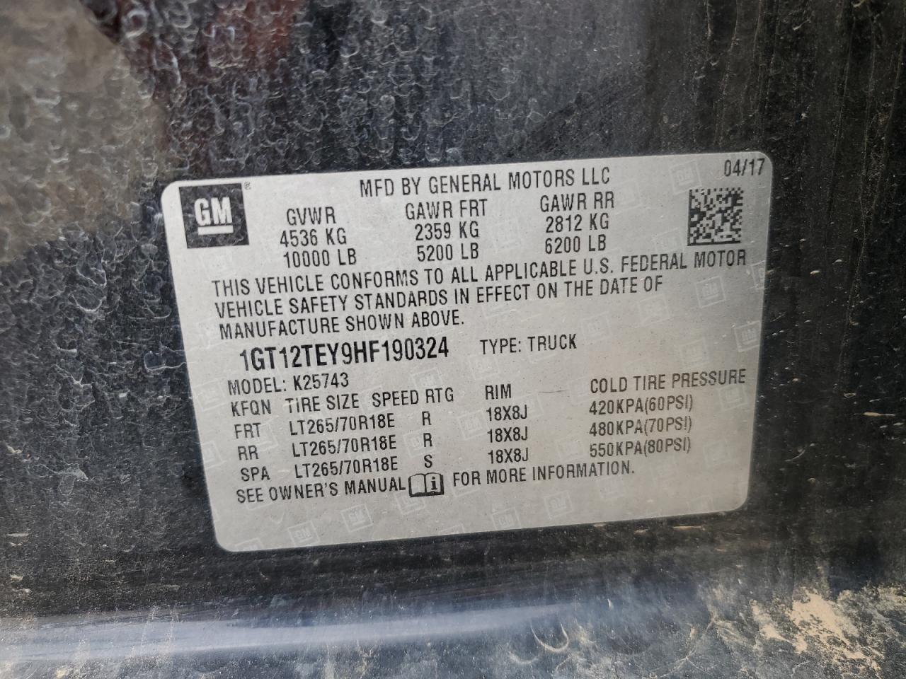 2017 GMC Sierra K2500 Slt VIN: 1GT12TEY9HF190324 Lot: 91941545