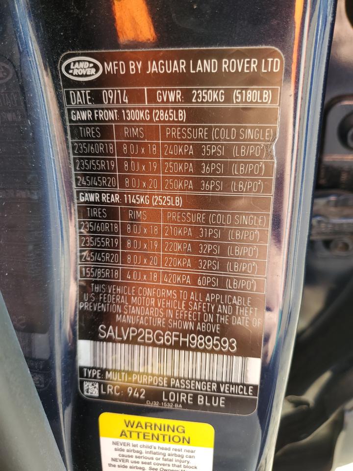 2015 Land Rover Range Rover Evoque Pure Plus VIN: SALVP2BG6FH989593 Lot: 92711695