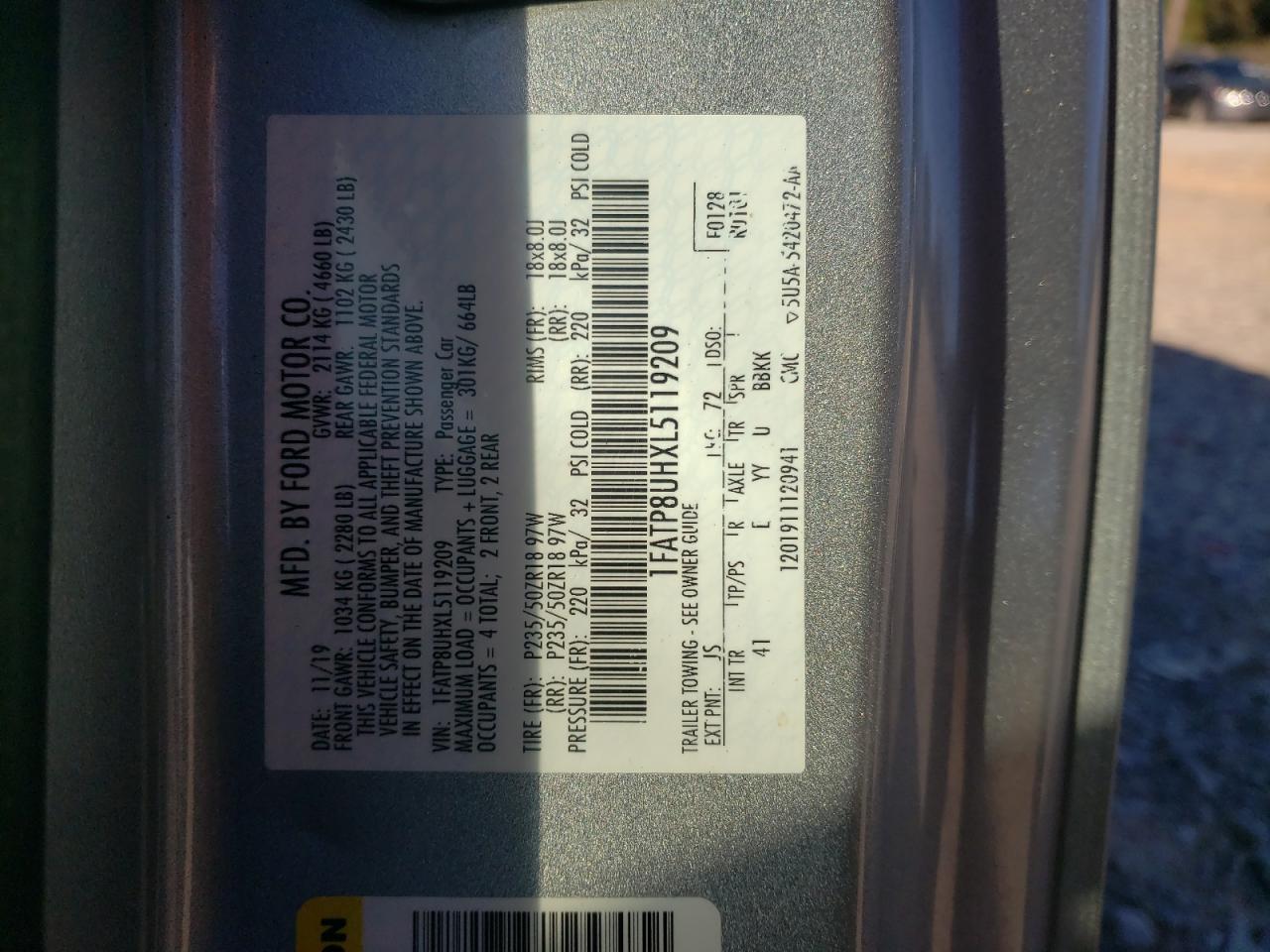 2020 Ford Mustang VIN: 1FATP8UHXL5119209 Lot: 92175125