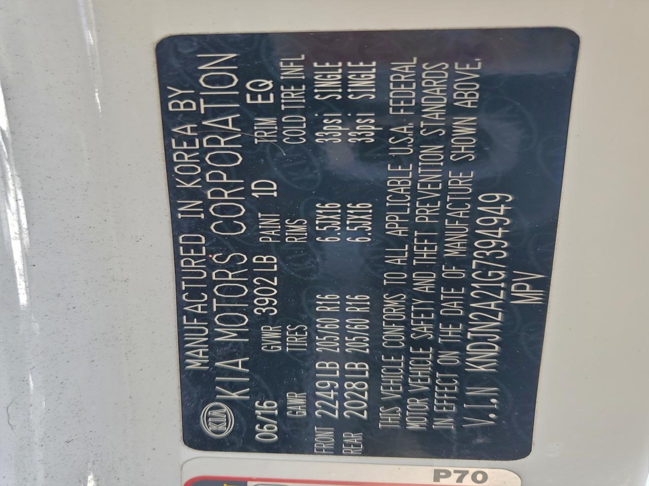 2016 Kia Soul VIN: KNDJN2A21G7394949 Lot: 93841205