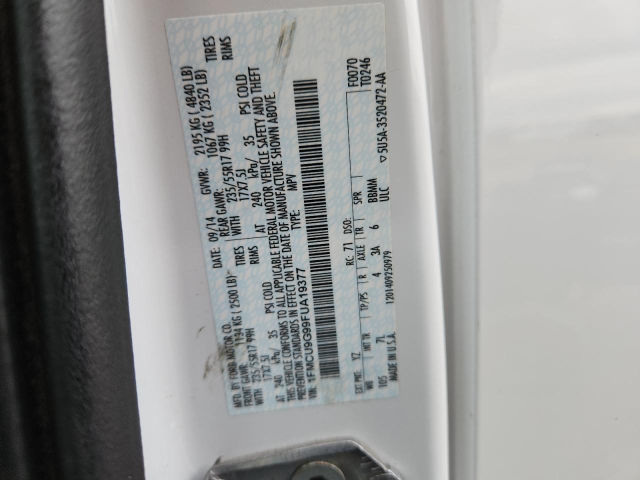 2015 Ford Escape Se VIN: 1FMCU9G99FUA19377 Lot: 93331435