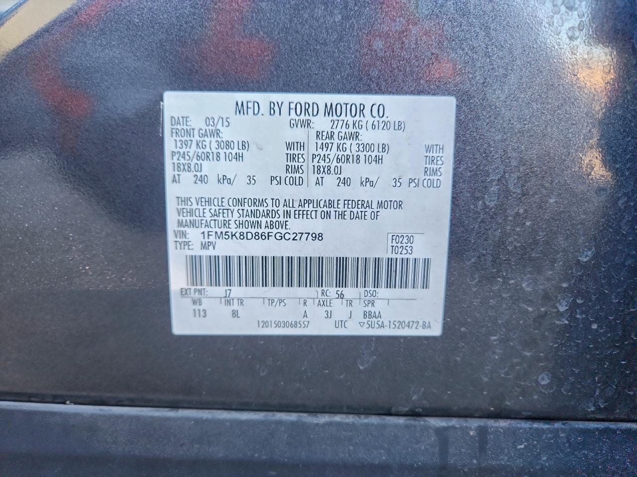 2015 Ford Explorer Xlt VIN: 1FM5K8D86FGC27798 Lot: 94187005