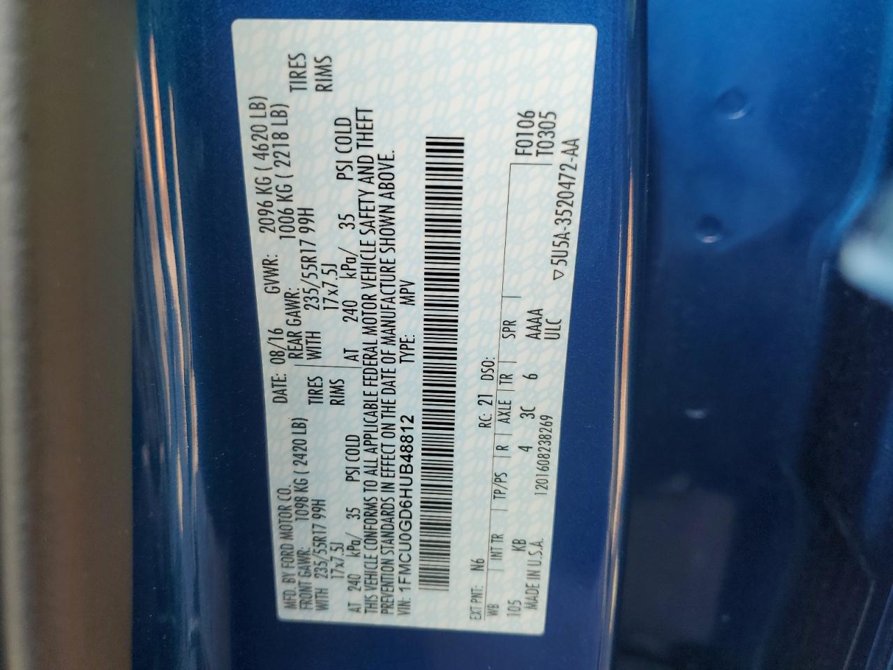 2017 Ford Escape Se VIN: 1FMCU0GD6HUB48812 Lot: 92039885