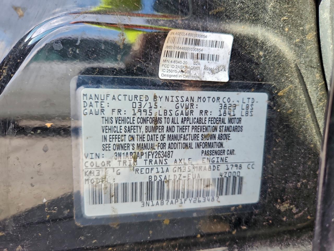 2015 Nissan Sentra S VIN: 3N1AB7AP1FY263487 Lot: 93618225