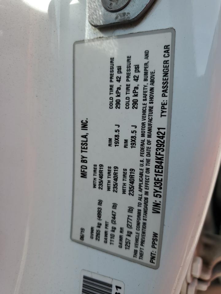 2019 Tesla Model 3 VIN: 5YJ3E1EB4KF392421 Lot: 92390755