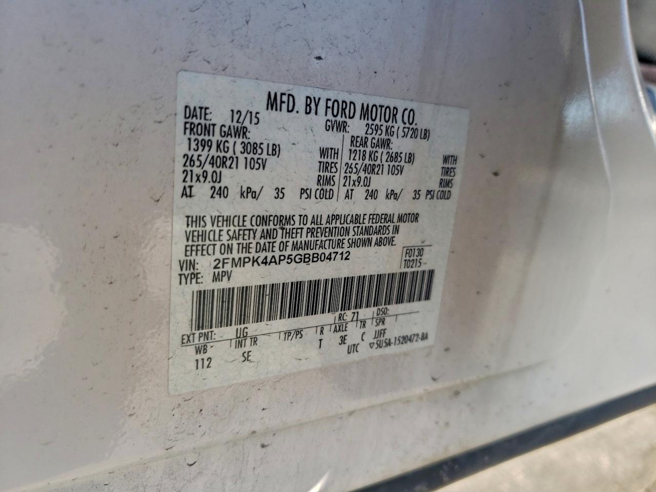 2016 Ford Edge Sport VIN: 2FMPK4AP5GBB04712 Lot: 93719665