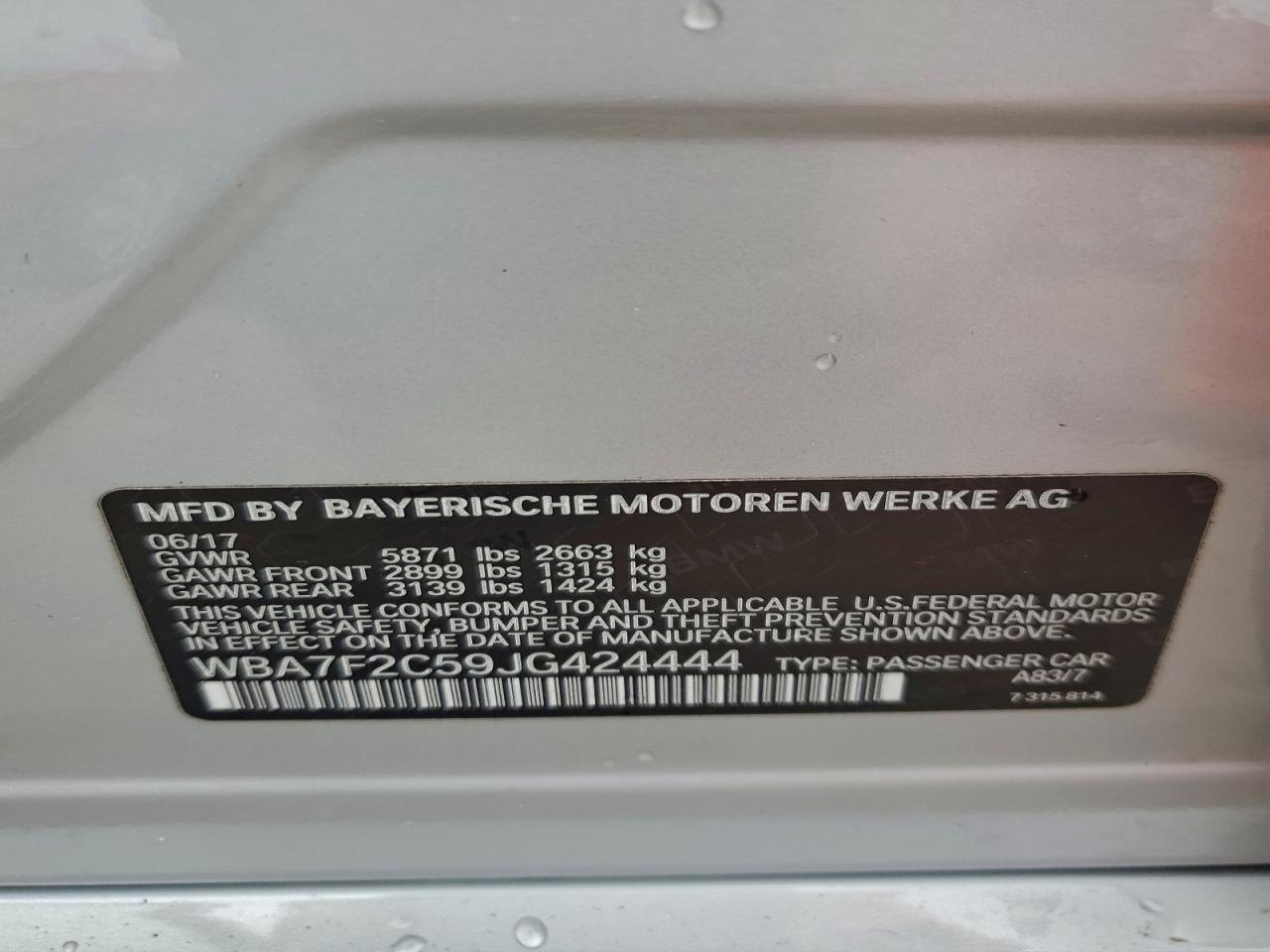 2018 BMW 750 Xi VIN: WBA7F2C59JG424444 Lot: 93695615