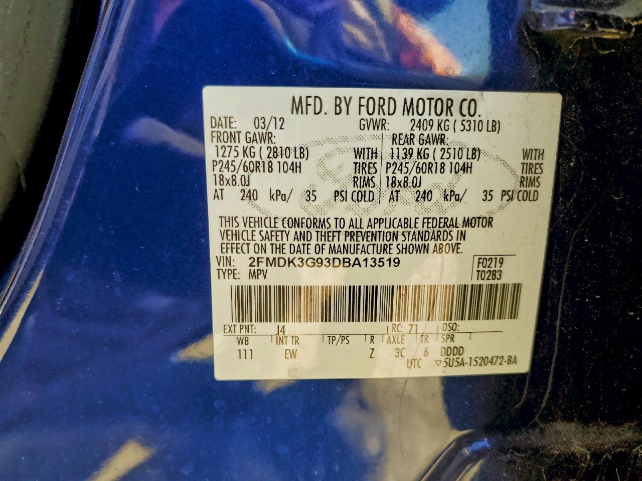 2013 Ford Edge Se VIN: 2FMDK3G93DBA13519 Lot: 94384855