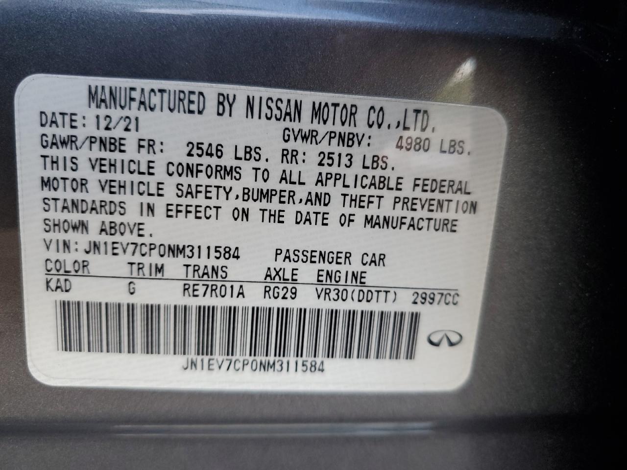 2022 Infiniti Q50 Sensory VIN: JN1EV7CP0NM311584 Lot: 93380315