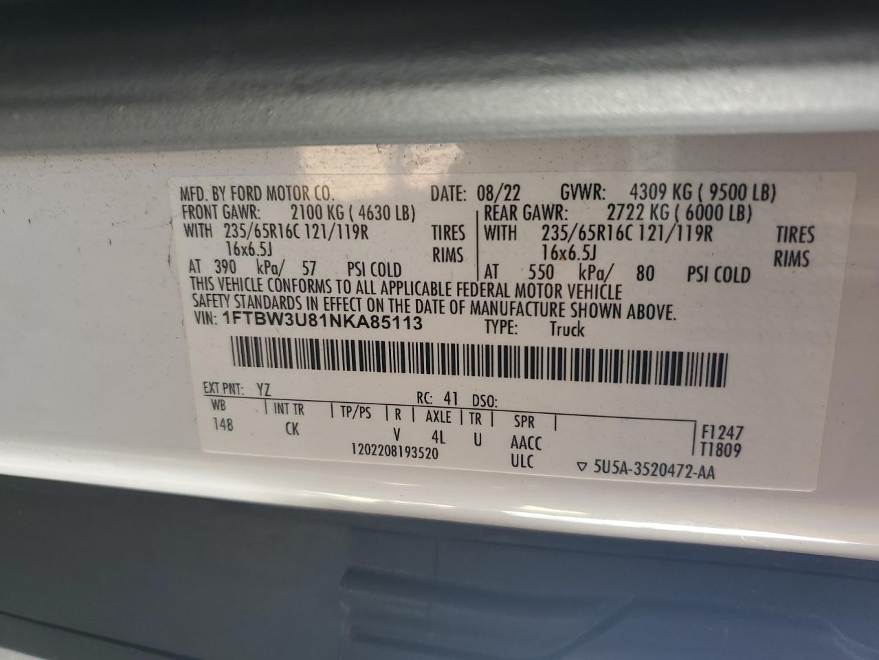 2022 Ford Transit Carg VIN: 1FTBW3U81NKA85113 Lot: 85955505