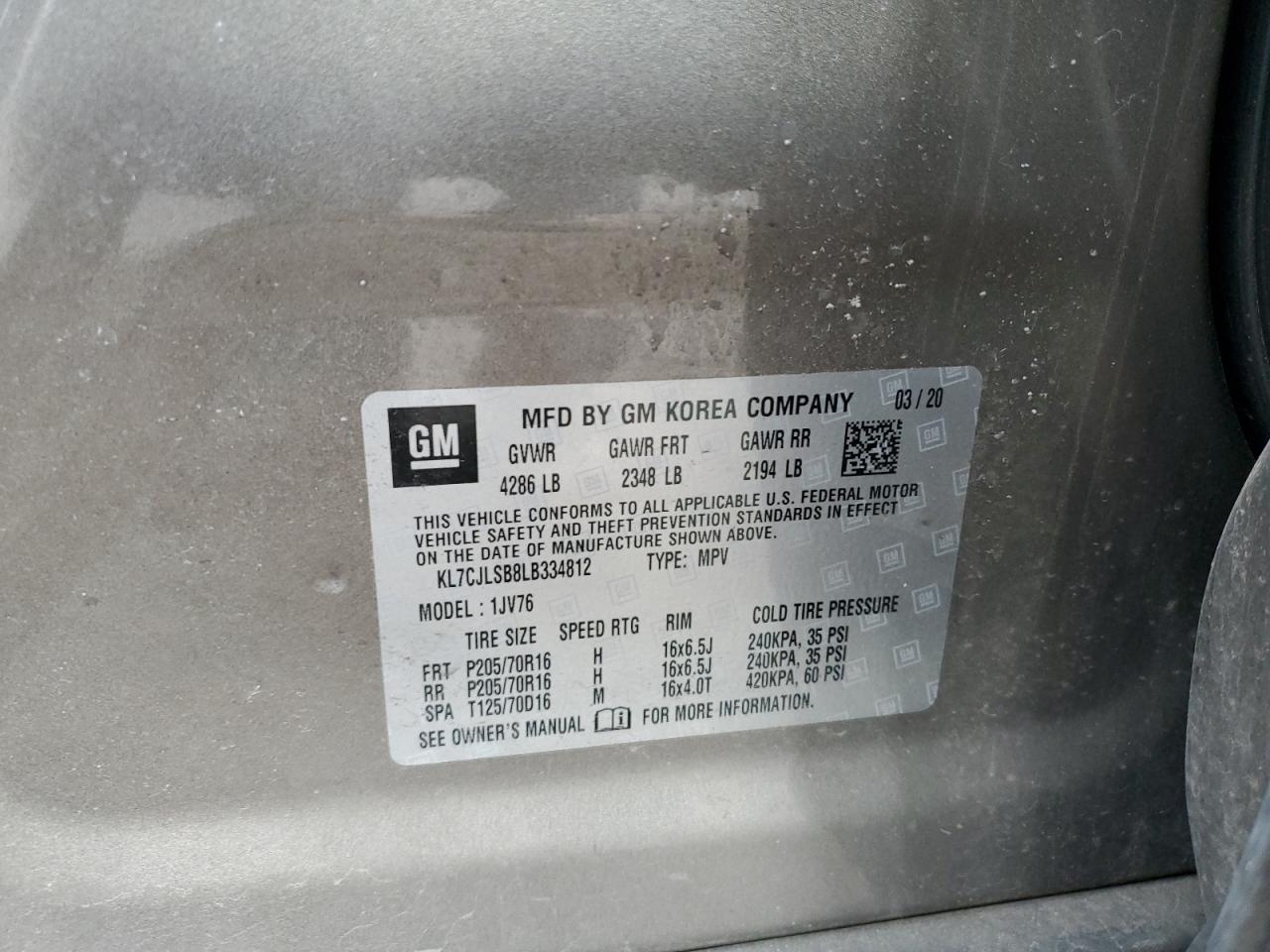 2020 Chevrolet Trax 1Lt VIN: KL7CJLSB8LB334812 Lot: 91433455