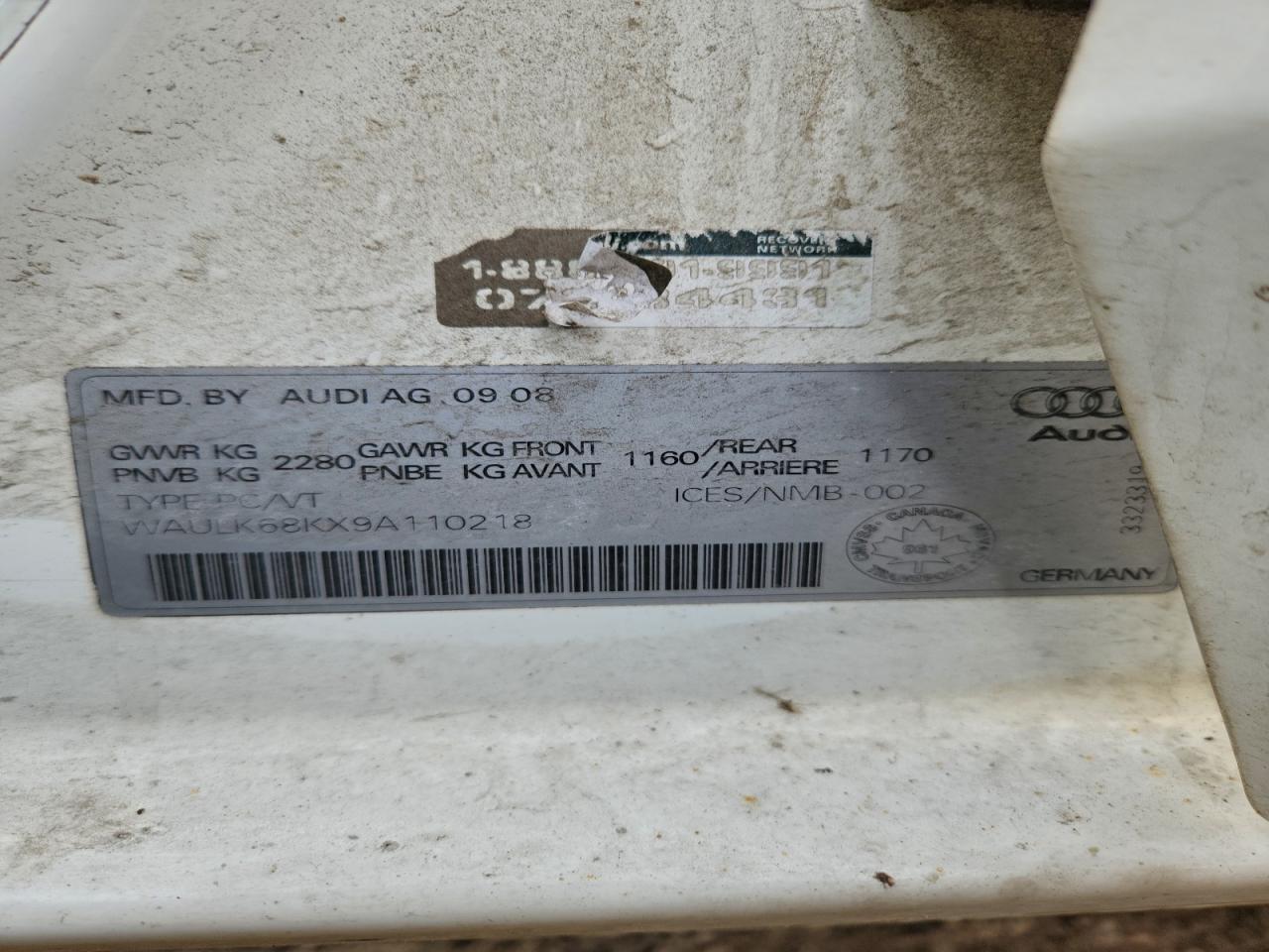 2009 Audi A4 3.2 Quattro VIN: WAULK68KX9A110218 Lot: 92178075