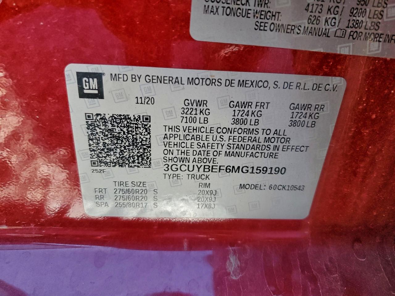 2021 Chevrolet Silverado K1500 Custom VIN: 3GCUYBEF6MG159190 Lot: 93818495