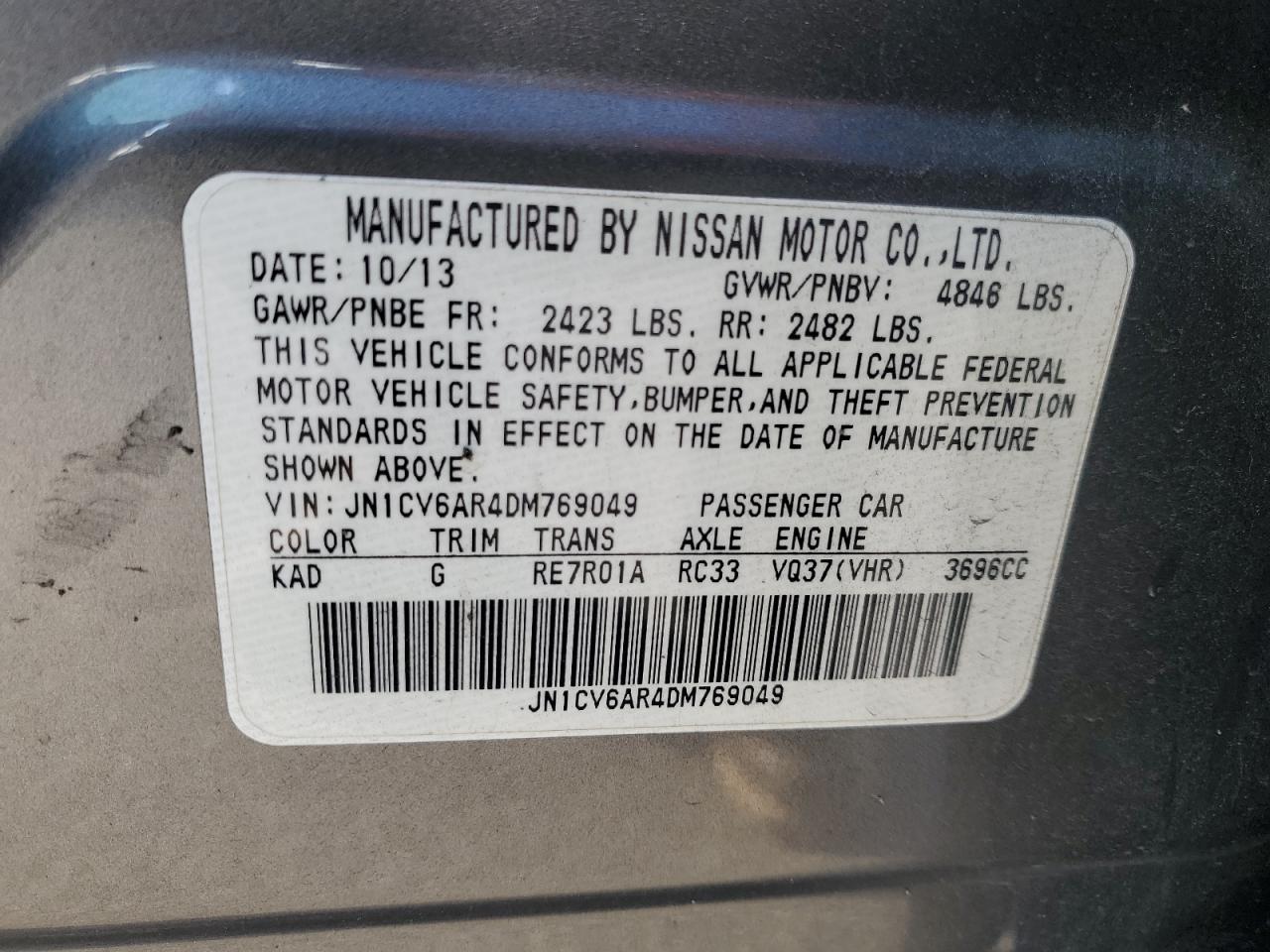 2013 Infiniti G37 VIN: JN1CV6AR4DM769049 Lot: 93007605