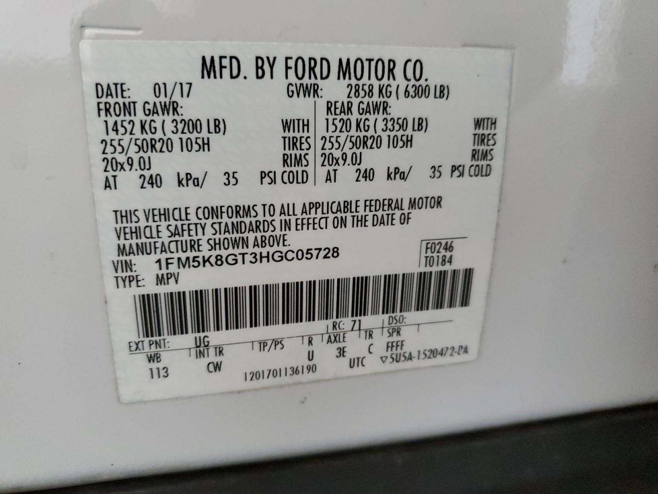 2017 Ford Explorer Sport VIN: 1FM5K8GT3HGC05728 Lot: 92076995