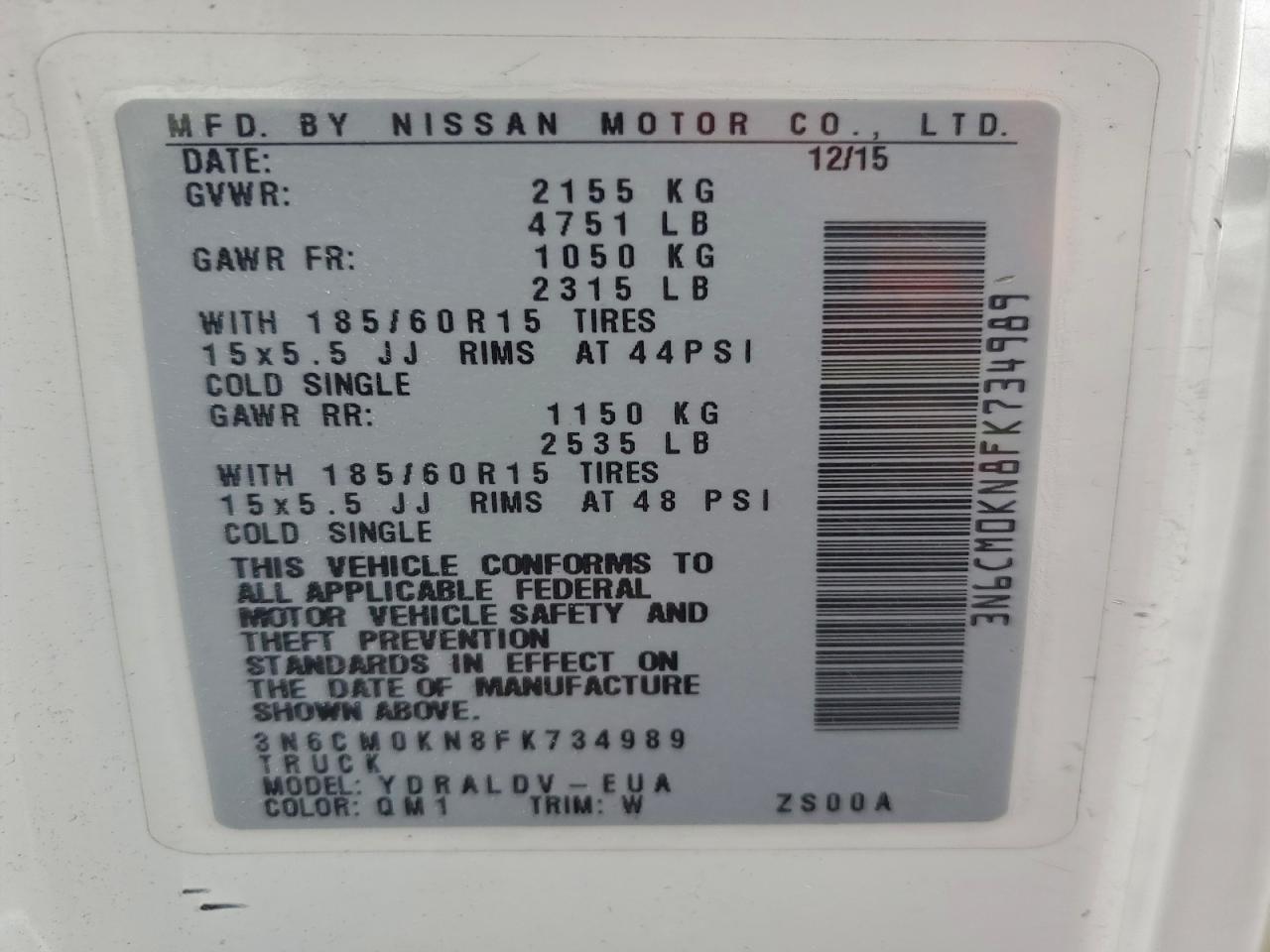 2015 Nissan Nv200 2.5S VIN: 3N6CM0KN8FK734989 Lot: 94322855