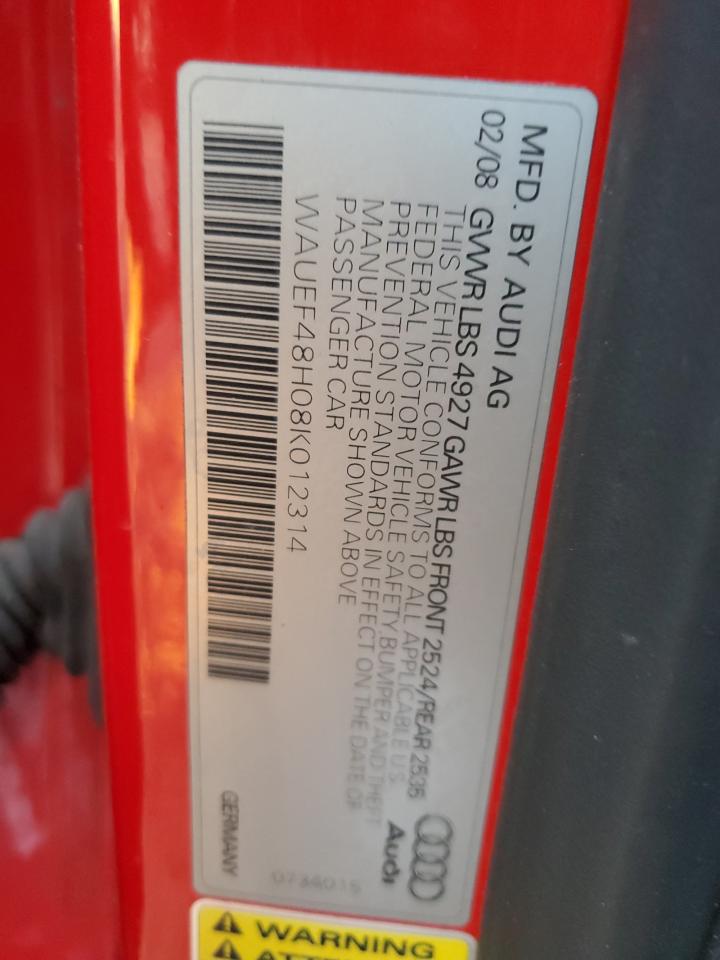 2008 Audi A4 S-Line 2.0T Cabriolet Quattro VIN: WAUEF48H08K012314 Lot: 92661185