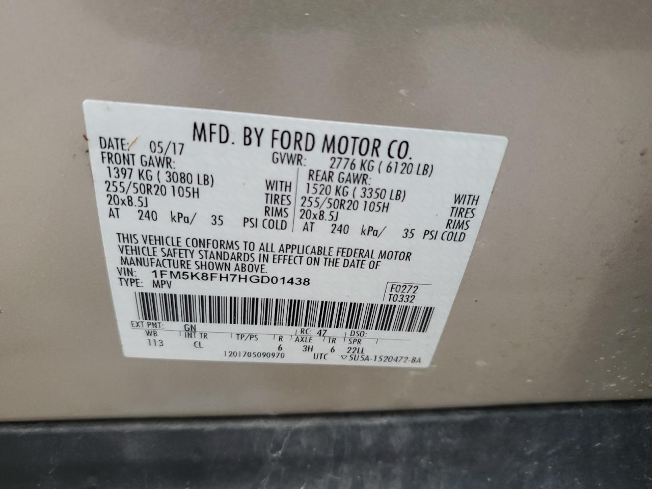 2017 Ford Explorer Limited VIN: 1FM5K8FH7HGD01438 Lot: 91755655